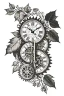 cogs, clock, willow tree, autumn leaves falling time 11:11 tattoo design idea