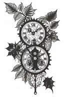 cogs, clock, willow tree, autumn leaves falling time 11:11 tattoo design idea