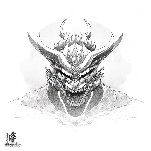 Oni Mask cuted in half with a  dragon in the inside  tattoo design idea