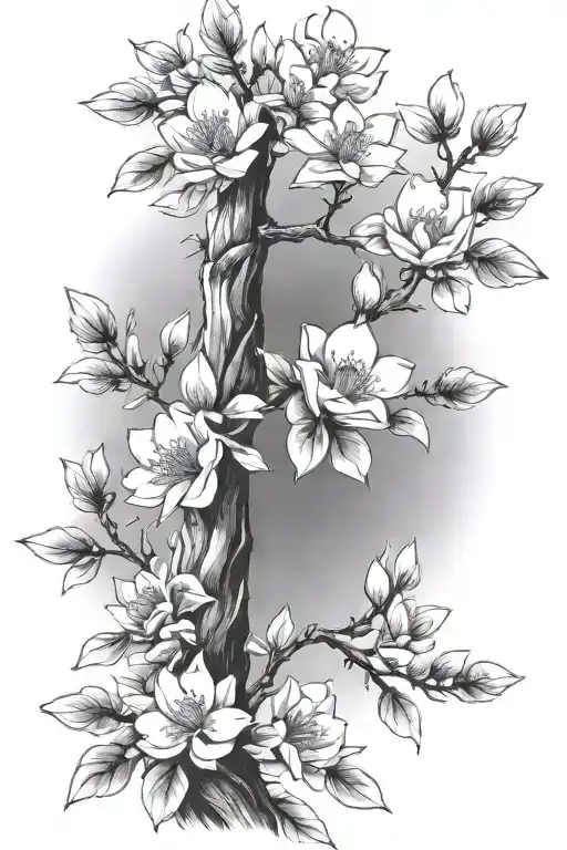 pine tree with magnolia flowers  tattoo design idea