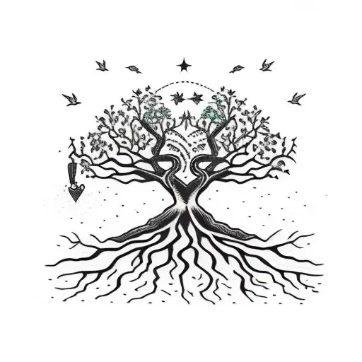 tree with roots and 3 birds tattoo design idea