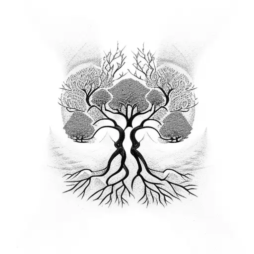 tree with roots and 3 birds tattoo design idea