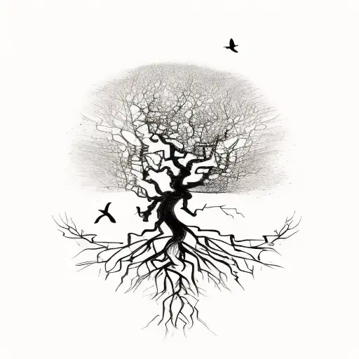 tree with roots and 3 birds tattoo design idea
