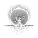 tree with roots and 3 birds tattoo design idea