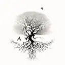 tree with roots and 3 birds tattoo design idea