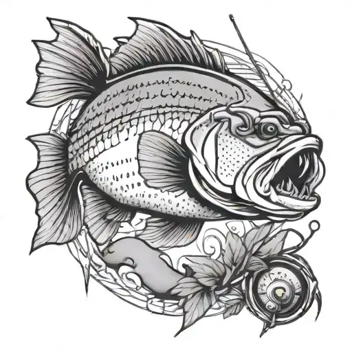 fishing pole and bass fish tattoo design idea