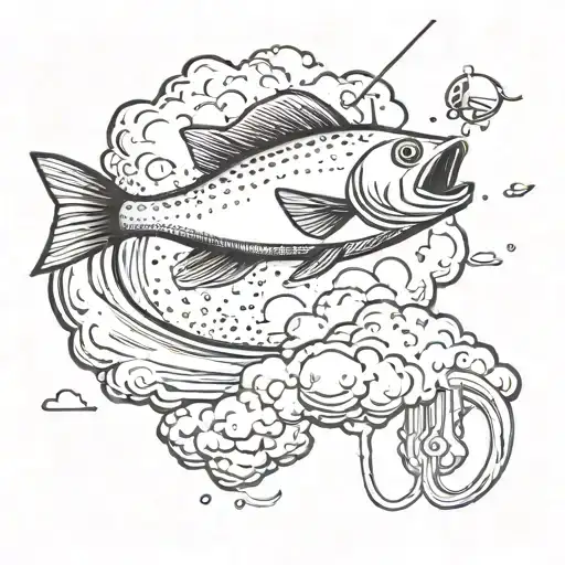 A FISH JUMPING OUT OF A CLOUD AS IF IT WAS WATER BUT HAVE THE FISH CAUGHT ON A HOOK ATTACHED TO A FISHING ROD tattoo design idea