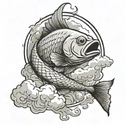 A FISH JUMPING OUT OF A CLOUD  AS IF IT WAS WATER BUT HAVE THE FISH CAUGHT ON A HOOK  ATTACHED TO A FISHING ROD tattoo design idea