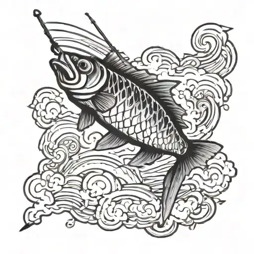A FISH CAUGHT ON A FISHING POLE JUMPING OUT OF A CLOUD AS IF THE CLOUD WAS A BODY OF WATER tattoo design idea