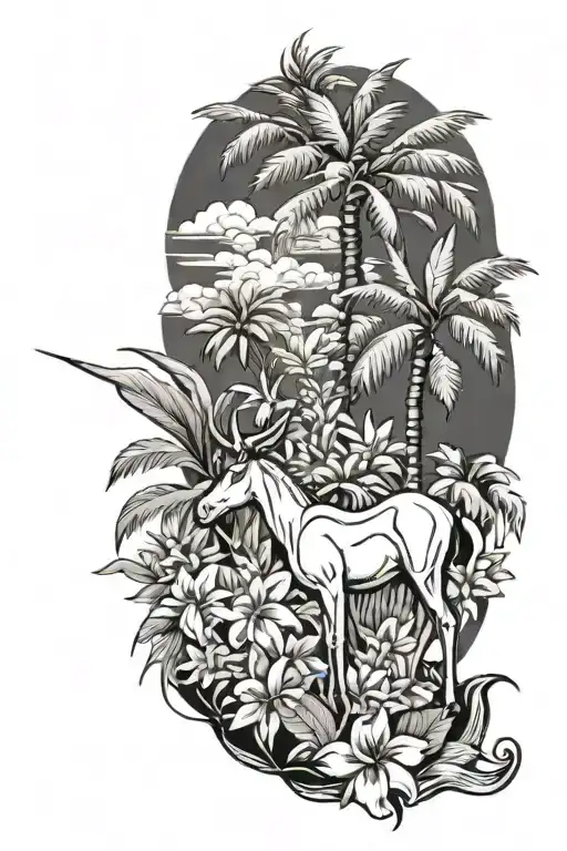 arabian oryx with jasmine and palm tree  tattoo design idea