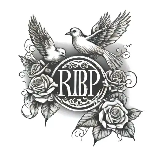 writing saying rip mama with doves and roses next to it surrounded by misty black fog and writing saying 45 underneath tattoo design idea