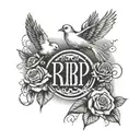 writing saying rip mama with doves and roses next to it surrounded by misty black fog and writing saying 45 underneath tattoo design idea