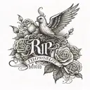 writing saying rip mama with doves and roses next to it surrounded by misty black fog and writing saying 45 underneath tattoo design idea