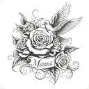 writing saying rip mama with doves and roses next to it surrounded by misty black fog and writing saying 45 underneath tattoo design idea