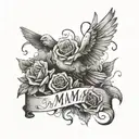writing saying rip mama with doves and roses next to it surrounded by misty black fog and writing saying 45 underneath tattoo design idea