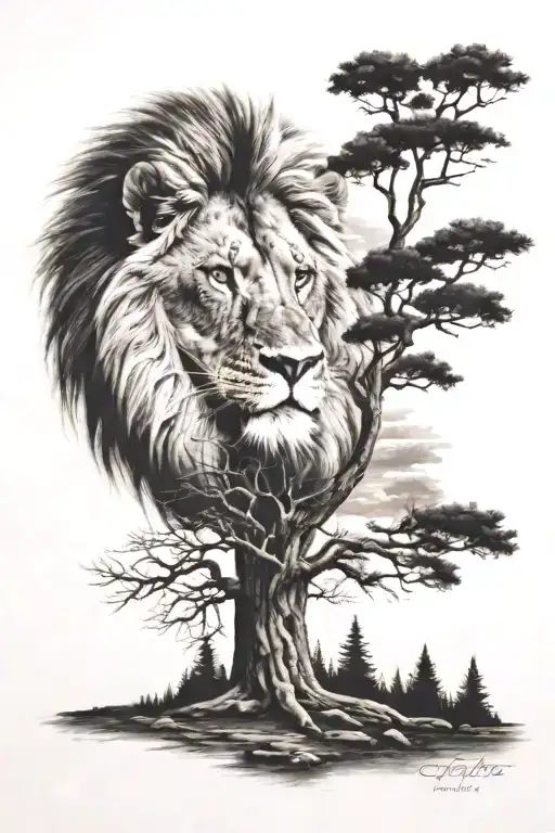camp fire lion mane tree line tattoo design idea