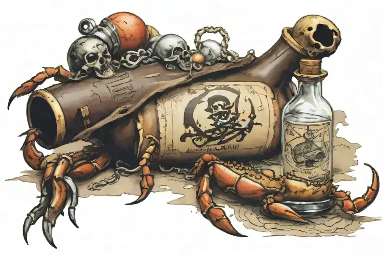 A pirate map message in a bottle protected by a crab.  tattoo design idea