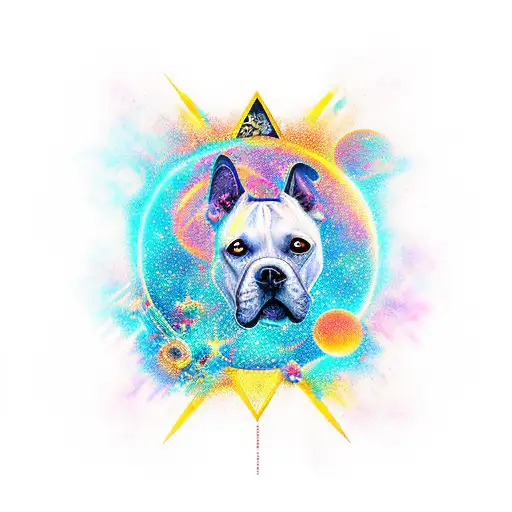 fondo el cielo y estrellas. más adelanten  la silueta de una nena y un perro pitbull tattoo design idea