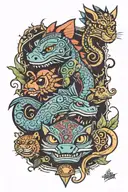 Tattoo of an Indian Totem with the dragon from Shrek, Bagheera from the Jungle Book, Dori the fish from Finding Nemo, Ra tattoo design idea