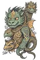 Tattoo of an Indian Totem with the dragon from Shrek, Bagheera from the Jungle Book, Dori the fish from Finding Nemo, Ra tattoo design idea