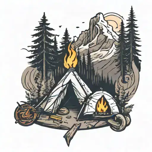 Camp site with mountains and camp fire tattoo design idea