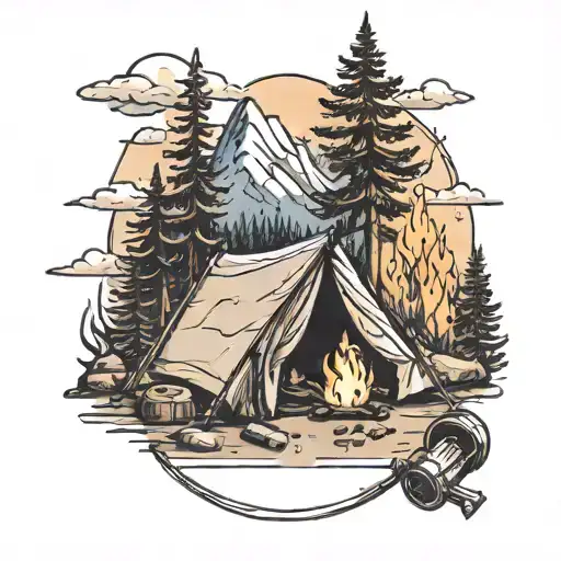 Camp site with mountains and camp fire tattoo design idea