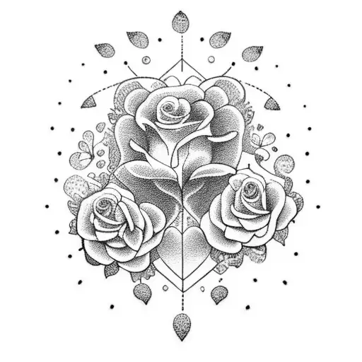 A dotwork tattoo of a heart-shaped bouquet of flowers with a cross as the centerpiece tattoo design idea