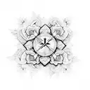 A black and grey sketch of a cross made up of intricate floral patterns tattoo design idea