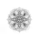 A black and grey sketch of a cross made up of intricate floral patterns tattoo design idea