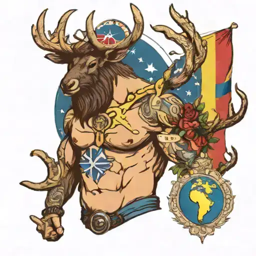 atlas with world on shoulders with an elk with antlers and Swedish flag and Argentinian flag tattoo design idea