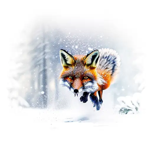 A fox gracefully running through a snowy European forest tattoo design idea