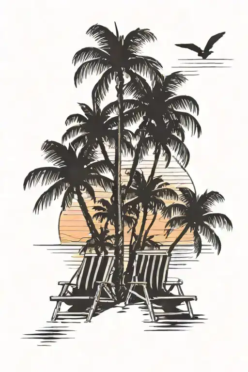 Palm trees on the beach with four beach chairs at sunset tattoo design idea