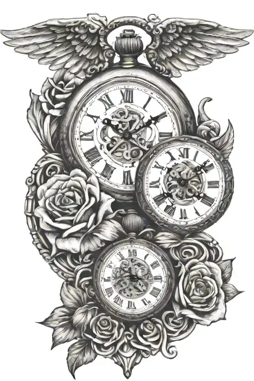pocket watch with wings and roses intertwined tattoo design idea