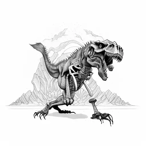 A demonic T-Rex battling a skeleton warrior in a war-torn landscape tattoo design idea
