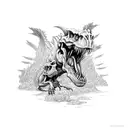 A demonic T-Rex battling a skeleton warrior in a war-torn landscape tattoo design idea