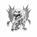 A demonic T-Rex battling a skeleton warrior in a war-torn landscape tattoo design idea