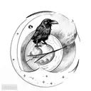 A raven perched on a crescent moon, symbolizing the harmony of night creatures and celestial bodies tattoo design idea