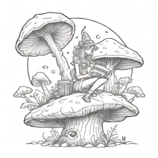 A whimsical fairy sitting on a giant mushroom reading a book under the light of a full moon tattoo design idea