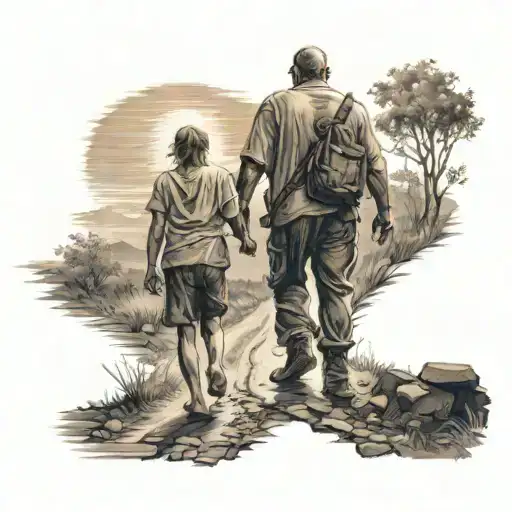 An exhausted but strong man is walking on a difficult road from the dark to the sun, now his beloved wife and son are co tattoo design idea