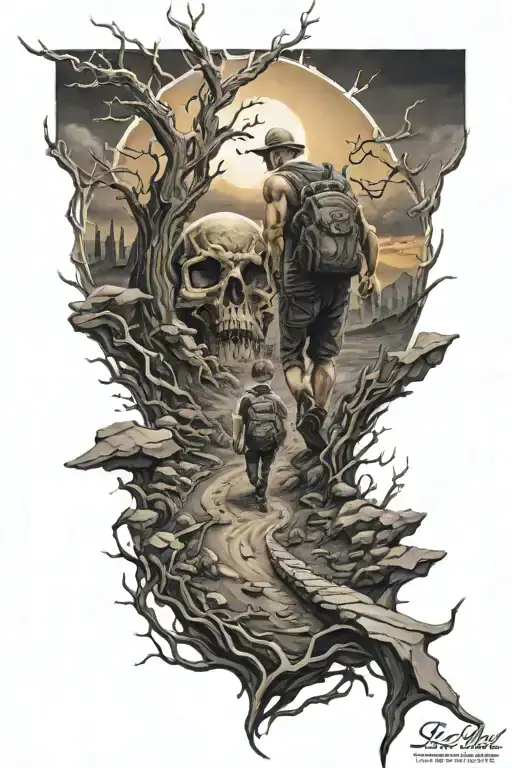 A guy who goes with his wife and son from the darkness to the sun, on a very difficult road, where at the end of the roa tattoo design idea