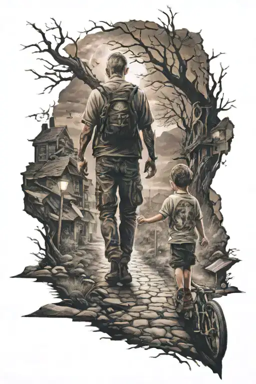 A guy with his beloved and son goes from darkness to the future, on a very difficult road, where at the end of the road  tattoo design idea