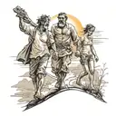 An exhausted but strong man is walking on a difficult road from the dark to the sun, now his beloved wife and son are co tattoo design idea