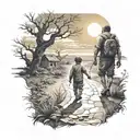 An exhausted but strong man is walking on a difficult road from the dark to the sun, now his beloved wife and son are co tattoo design idea