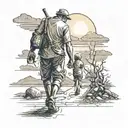 An exhausted but strong man is walking on a difficult road from the dark to the sun, now his beloved wife and son are co tattoo design idea