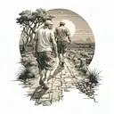 An exhausted but strong man is walking on a difficult road from the dark to the sun, now his beloved wife and son are co tattoo design idea