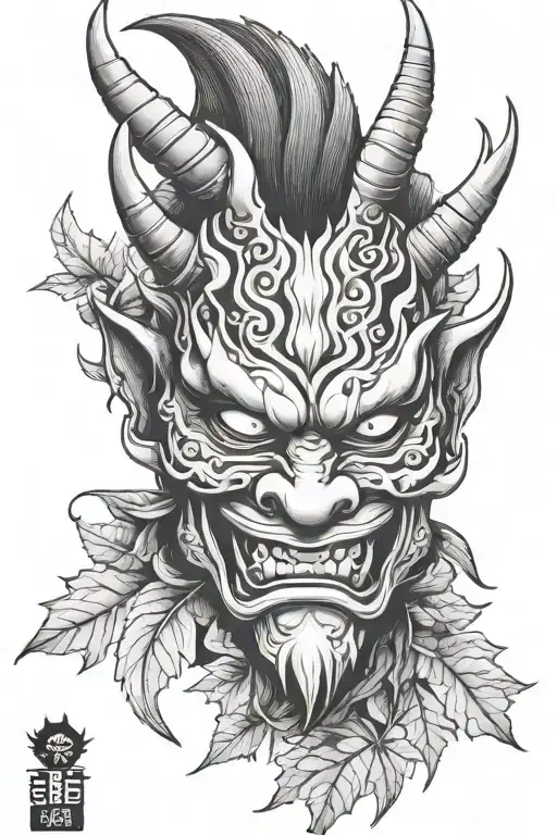 Oni Mask Adorned with Autumn Maple leaves tattoo design idea