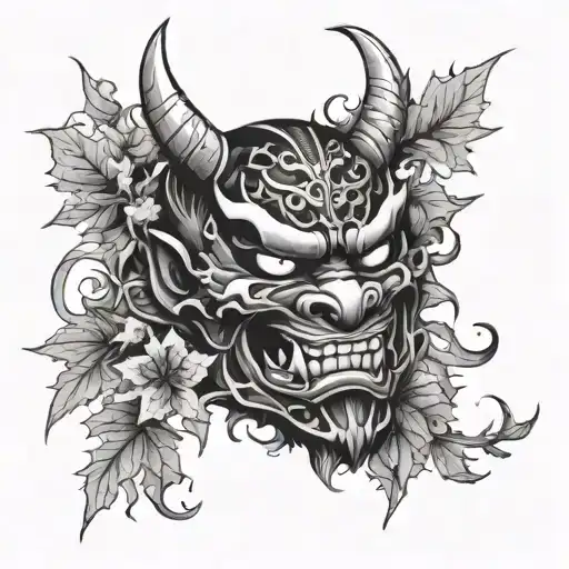 Oni Mask with hints of dragon features with Japanese Maple Leaves tattoo design idea