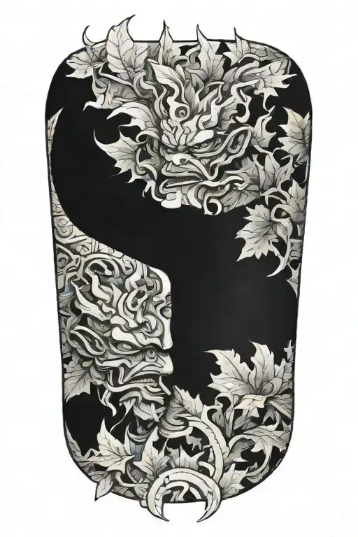 side profile view oni mask split in half maple leaves in between tattoo design idea