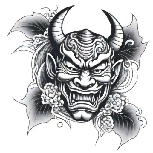 Hannya Mask With Tori Gates, wave patterns around it tattoo design idea
