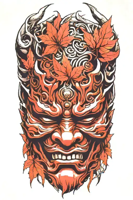 side profile Oni mask with japanese maple leaves falling tattoo design idea